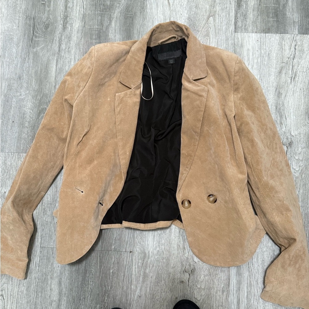 Suede Double-Breasted Tan Women's Blazer Jacket Zara Leather Collection - Picture 6 of 7